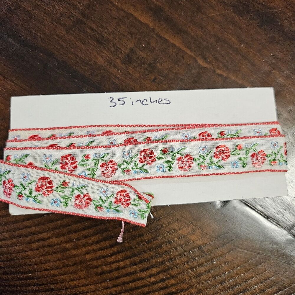 Red Rose Blue Flower Red Edging Ribbon Vintage Sewing Notions Craft Supplies